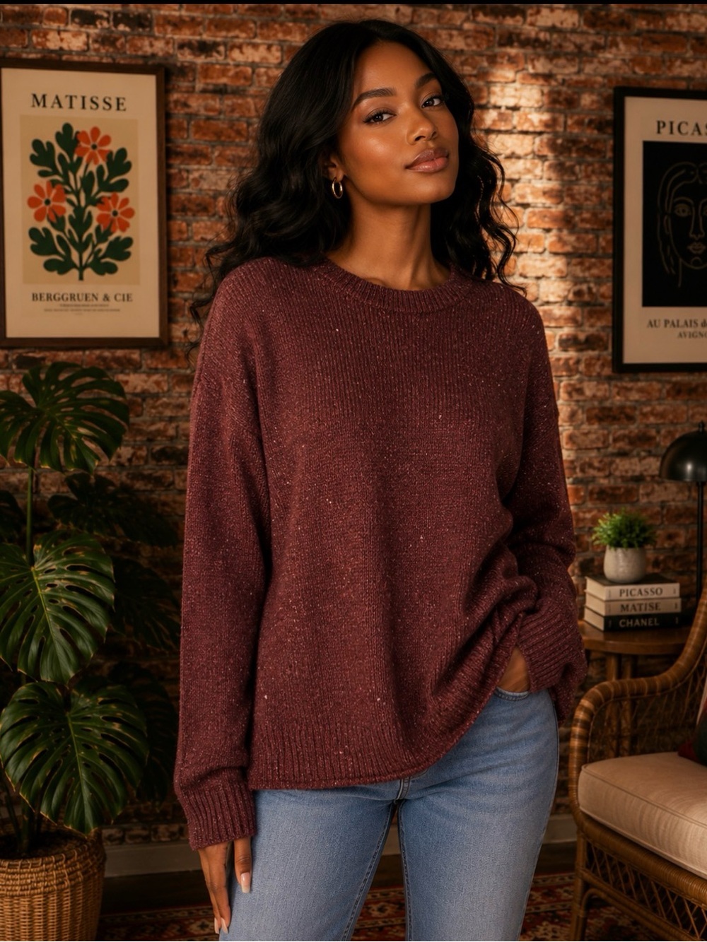 Mutual Weave Burgundy Crewneck Donegal Sweater